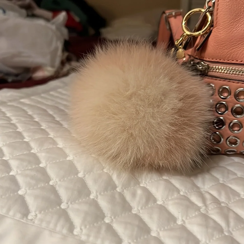 Michael Kors Rhea Medium Silver-Ringed Backpack with Fur Pompom in Coral…